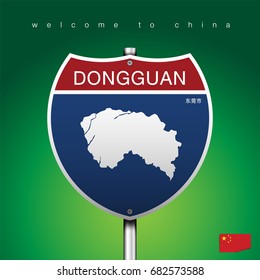 An Sign Road America Style with state of China with green background and message, DONGGUAN and map, vector art image illustration