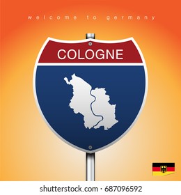 An Sign Road America Style with state of Germany with Yellow background and message, COLOGNE and map, vector art image illustration