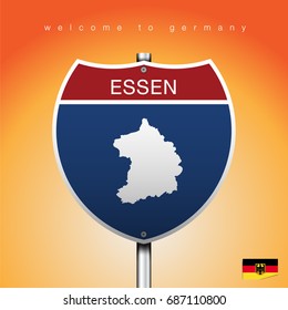 An Sign Road America Style with state of Germany with Yellow background and message, ESSEN and map, vector art image illustration