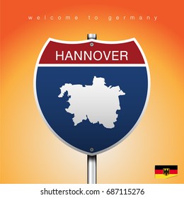 An Sign Road America Style with state of Germany with Yellow background and message, HANNOVER and map, vector art image illustration