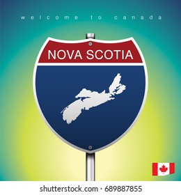 An Sign Road America Style with state of Canada with green background and message, NOVA SCOTIA and map, vector art image illustration