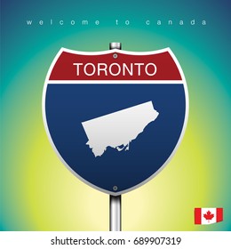 An Sign Road America Style With State Of Canada With Green Background And Message, TORONTO And Map, Vector Art Image Illustration