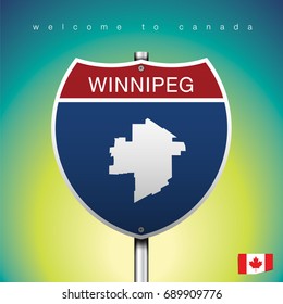 An Sign Road America Style with state of Canada with green background and message, WINNIPEG and map, vector art image illustration