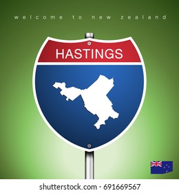 An Sign Road America Style with state of New Zealand  with green background and message, HASTINGS and map, vector art image illustration