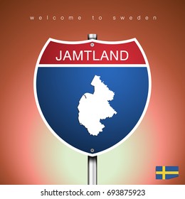 An Sign Road America Style with state of Sweden with brown background and message, JAMTLAND and map, vector art image illustration