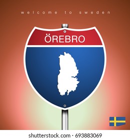 An Sign Road America Style with state of Sweden with brown background and message, OREBRO and map, vector art image illustration