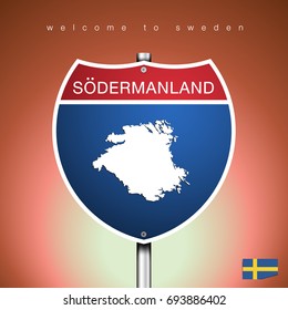 An Sign Road America Style with state of Sweden with brown background and message, SODERMANLAND and map, vector art image illustration