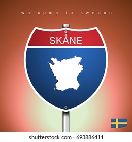 An Sign Road America Style with state of Sweden with brown background and message, SKANE and map, vector art image illustration