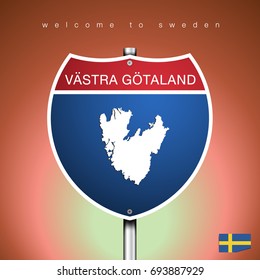 An Sign Road America Style with state of Sweden with brown background and message, VASTRA GOTALAND and map, vector art image illustration