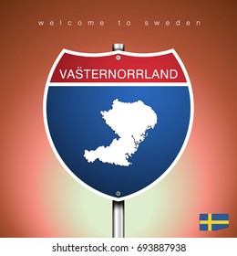 An Sign Road America Style with state of Sweden with brown background and message, VASTERNORRLAND and map, vector art image illustration