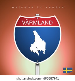 An Sign Road America Style with state of Sweden with brown background and message, VARMLAND and map, vector art image illustration