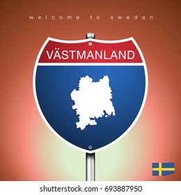 An Sign Road America Style with state of Sweden with brown background and message, VASTMANLAND and map, vector art image illustration