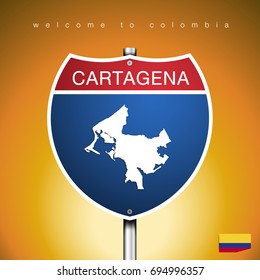 An Sign Road America Style with state of Colombia with Yellow background and message, CARTAGENA and map, vector art image illustration