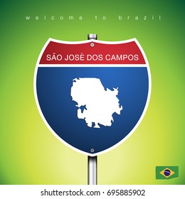 An Sign Road America Style with state of Brazil with green background and message, SAO JOSE DOS CAMPOS and map, vector art image illustration