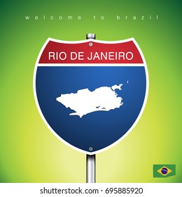 An Sign Road America Style with state of Brazil with Green background and message, RIO DE JANEIRO and map, vector art image illustration