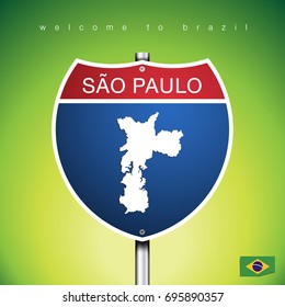 An Sign Road America Style with state of Brazil with green background and message, SAO PAULO and map, vector art image illustration