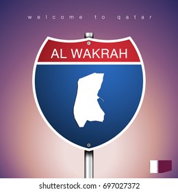 An Sign Road America Style with state of Qatar with violet background and message, AL WAKRAH and map, vector art image illustration