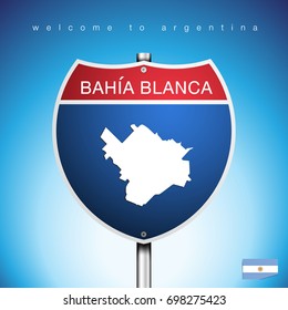 An Sign Road America Style with state of Agentina with blue background and message, BAHIA BLANCA and map, vector art image illustration