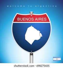 An Sign Road America Style with state of Agentina with blue background and message, BUENOS AIRES and map, vector art image illustration