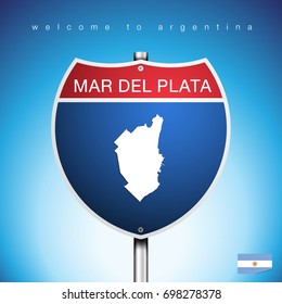 An Sign Road America Style with state of Agentina with blue background and message, MAR DEL PLATA  and map, vector art image illustration