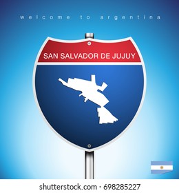 An Sign Road America Style with state of Agentina with blue background and message, SAN SALVADOR DE JUJUY and map, vector art image illustration