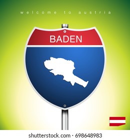 An Sign Road America Style with state of Austria with green background and message, BADEN and map, vector art image illustration