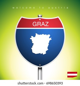 An Sign Road America Style with state of Austria with green background and message, GRAZ and map, vector art image illustration