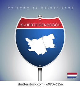 An Sign Road America Style with state of Netherlands with blue background and message, Hertogenbosch and map, vector art image illustration