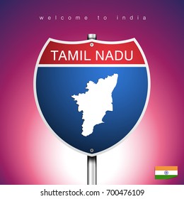 An Sign Road America Style with state of India with pink background and message, Tamil Nadu and map, vector art image illustration