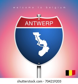 An Sign Road America Style with state of Belgium with pink background and message, Antwerp and map, vector art image illustration