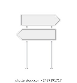 Sign road of direction on metal pole. 3d realistic white blank arrow signboard vector illustration. Isolated empty roadside signpost to notice information, danger, guide.