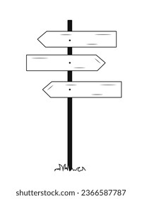 Sign road post line. Blank and empty placard, place for text. Wooden plates in arrow shape. Template, layout and mock up. Linear flat vector illustration isolated on white background