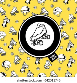 Sign roller derby and seamless pattern on the theme of roller derby and roller skating on yellow background