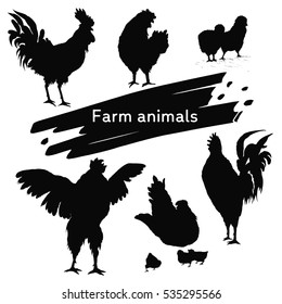 Sign rooster, hen and chicken. Series of farm animals. Silhouette hand drawing birds family. Rooster fighter and a bully, modest brood, small chick, chicken feet and ribbon for your design.