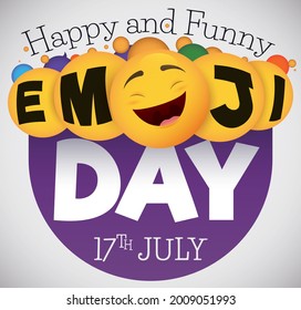 
Sign with round buttons forming a message and happy face with smiling open mouth, ready for a funny Emoji Day celebration this 17th July.