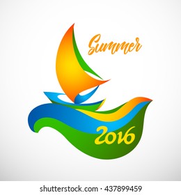 Sign sailing boat for Summer vacations 2016 in colors of the Brazilian flag. Brazil Sport Game. Vector illustration