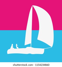 Sign with sailing yacht with background of pink and bright blue colors.