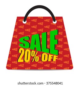 Sign of Sale 20% off with red bag. Special Offer. Discount Price Tag.