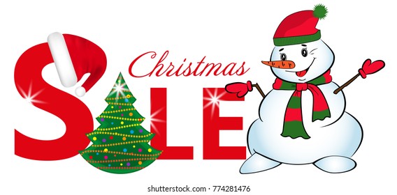 Sign sale with Christmas tree and Snowman isolated on white background. Vector illustration.