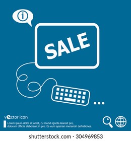 Sign of sale and flat design elements. Line icons for application development, web page coding and programming, creative process, social media, print