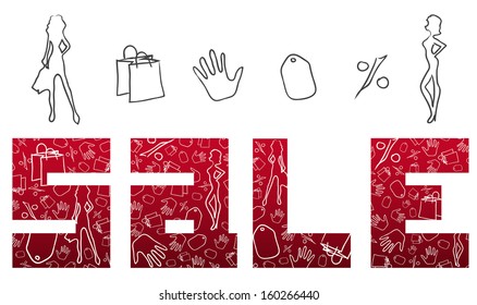 The Sign Sales with contour of shopping elements. Vector red background 