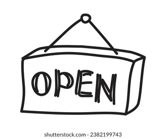 sign saying open. hand drawing. coloring book with black linear outline. vector icon for website, application and menu.
