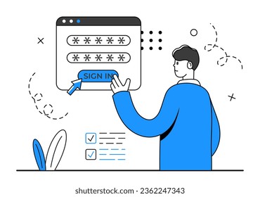 Sign in scene. Man with web window. Log in button. Creating account. Vector illustration