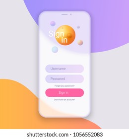 Pantalla de inicio de sesión.Limpiar concepto de diseño de interfaz de usuario móvil. Ventana de formulario de aplicación de inicio de sesión con contraseña. Formas para degradados holográficos de moda. Iconos Web planos. Vector EPS 10