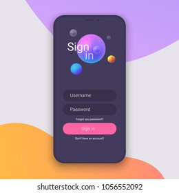 Sign In Screen. Clean Mobile UI Design Concept. Login Application with Password Form Window. Trendy Holographic Gradients Shapes. Flat Web Icons. Vector EPS 10