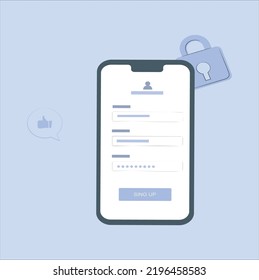 Sign Up Screen. Clean Mobile UI Design Concept. Login Application with Password. Username and password box. Member profile log in, mobile application flat design concept. sign up button. illustration