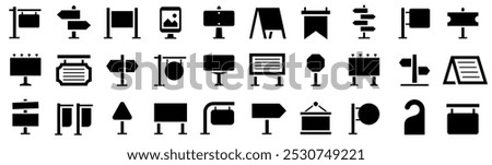 Sign set. Signage 30 flat icons. Banner collection. Backdrop, sign, bow flag, booth, advertising, poster, billboard, ads, signage and more. Editable stroke. Vector illustration