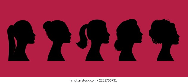 a sign of several female silhouettes in profile. 5 vector on fancy red isolated background. turn. number. diversity young women for poster or text. elegant background as well.