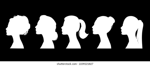 a sign of several female silhouettes in profile. vector on isolated background. turn. number. diversity young women for poster or text. elegant background as well.