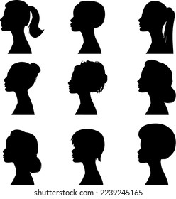 a sign of several female silhouettes in profile. vector on isolated background. turn. number. diversity young women for poster or text. elegant background as well.